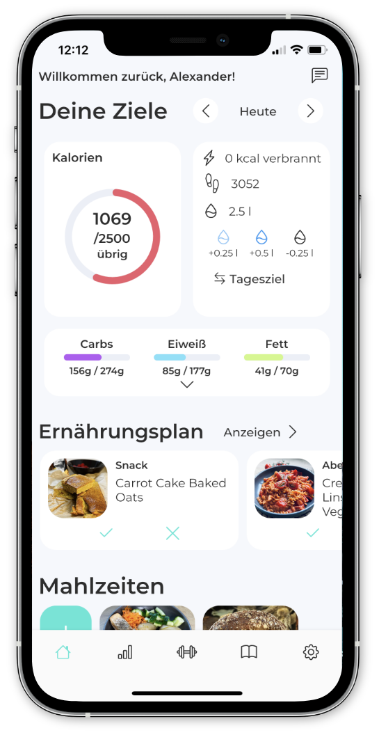 Paul Sports App – Dashboard mit Kalorien und Mahlzeiten